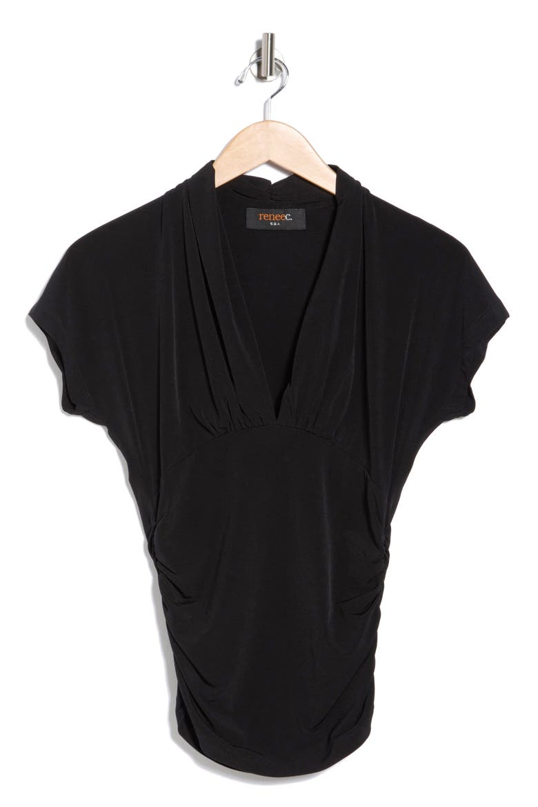 V-Neck Short Sleeve Ruched Top, Alternate, color, BLACK