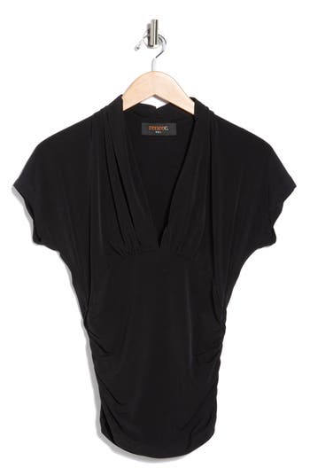 Renee C V-neck Short Sleeve Ruched Top In Black