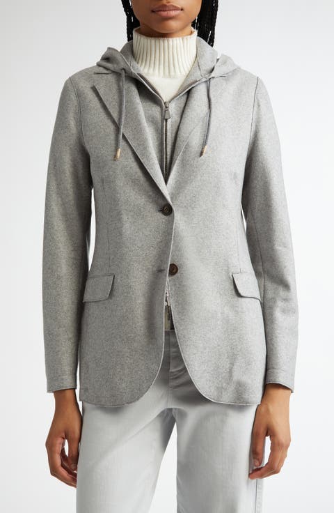 Wool Blend Flannel Blazer with Removable Hooded Bib