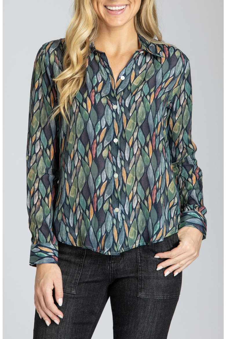 Abstract Print Roll Tab Sleeve Chiffon Button-Up Shirt, Main, color, GREY/ GREEN MULTI