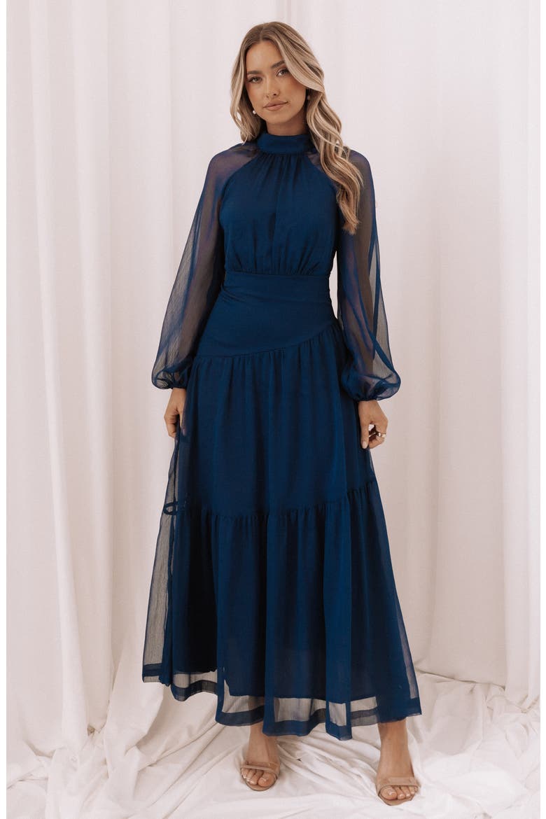Julip Long Sleeve Tiered Maxi Dress, Alternate, color, NAVY