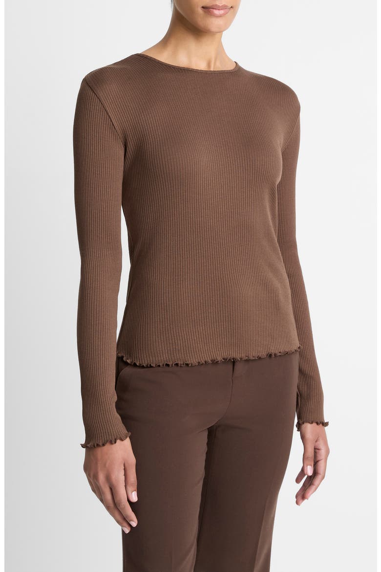 Rib Ruffle Edge Pima Cotton Crewneck Top, Alternate, color, ESPRESSO