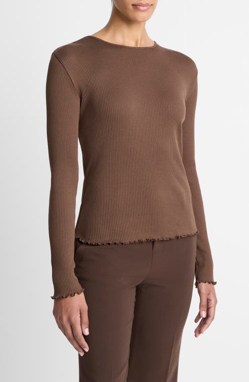 Vince Rib Ruffle Edge Pima Cotton Crewneck Top In Brown