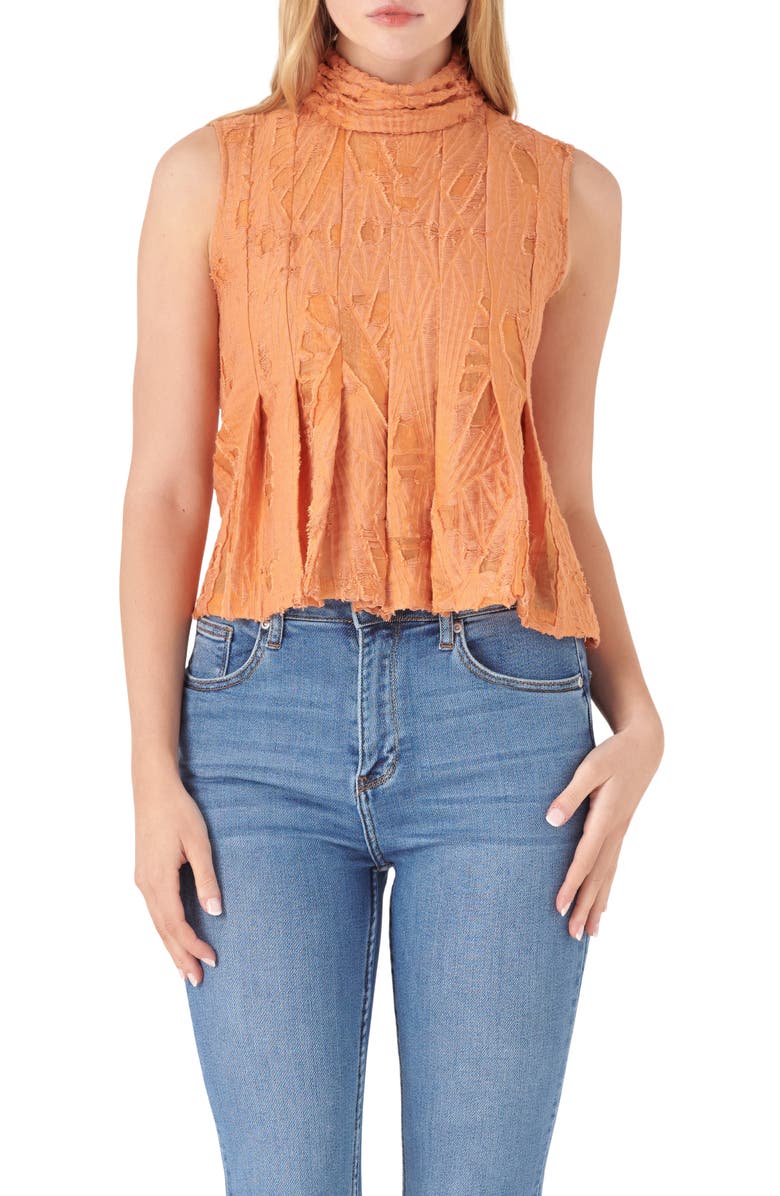 English Factory Destroyed Cotton & Linen Sleeveless Crop Top, Main, color, Orange