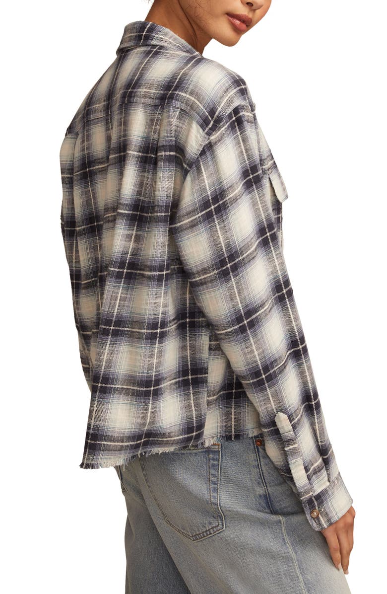 Lucky Brand Plaid Cotton Cropped Raw Hem Button-Up Shirt, Alternate, color, Navy Blue Plaid