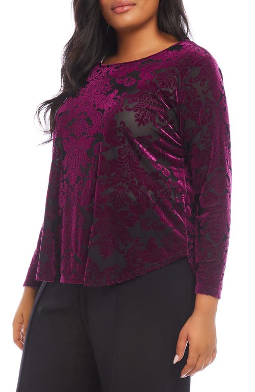 Karen Kane Floral Velvet Burnout Shirttail Top In Burgundy