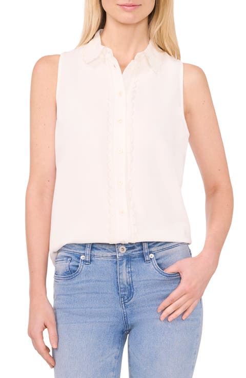Scallop Detail Sleeveless Button-Up Shirt