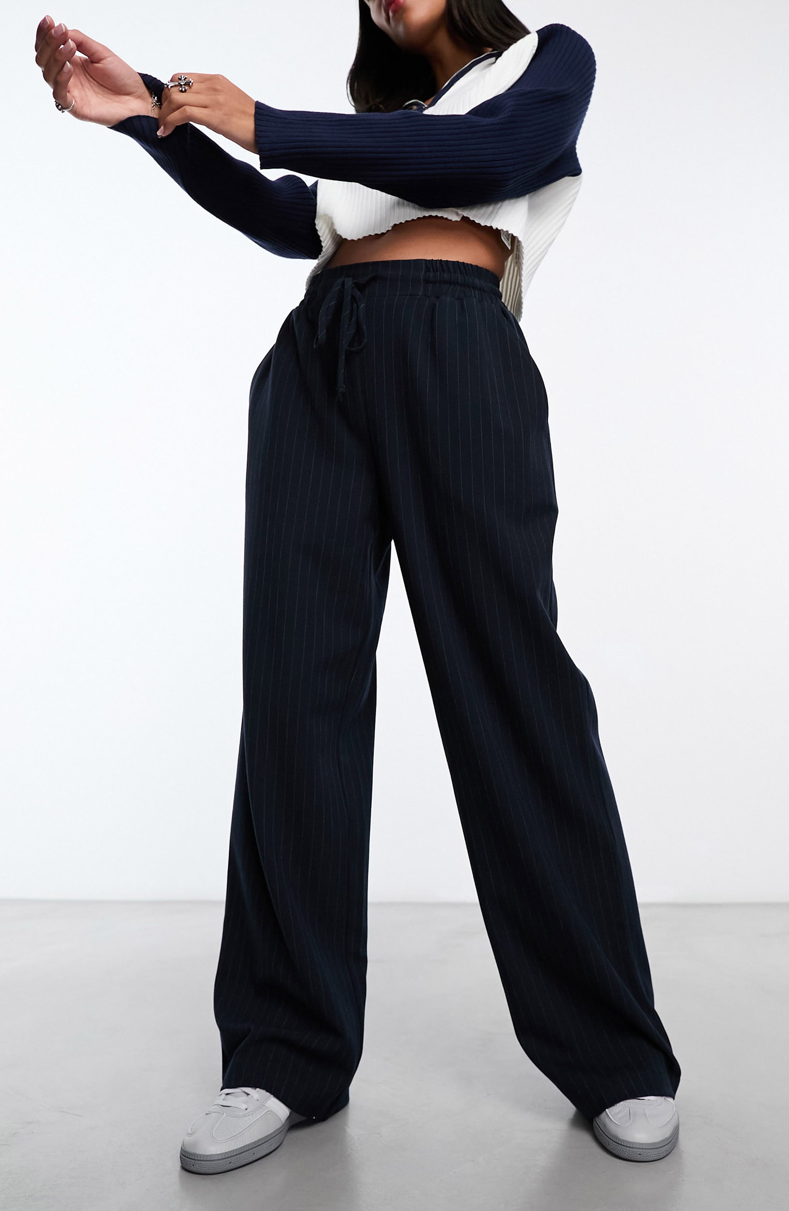 Stripe Tie Waist Wide Leg Pants