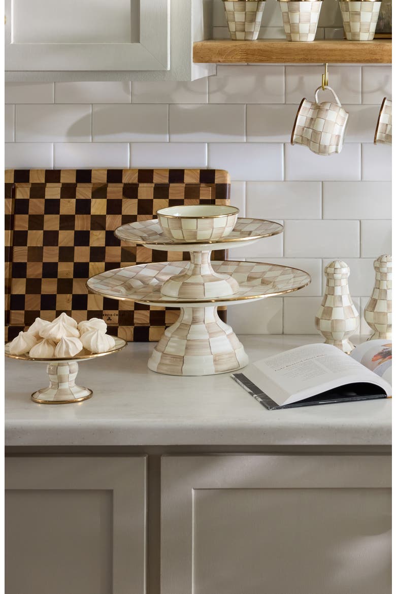 Mocha Check Large Pedestal Platter, Alternate, color, MOCHA
