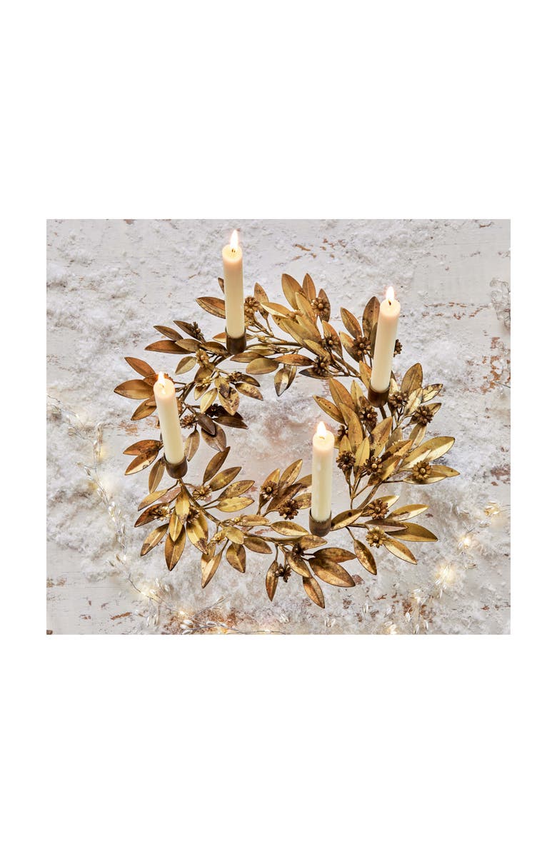 tag Botanical Wreath Taper Candle Holder Antique Gold Iron, Alternate, color, Gold