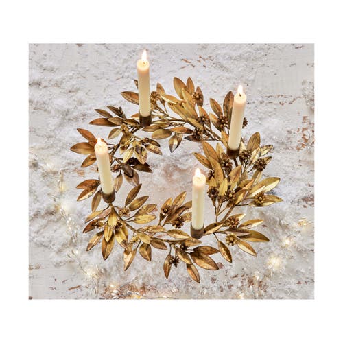 Tag Botanical Wreath Taper Candle Holder Antique Gold Iron In Gold
