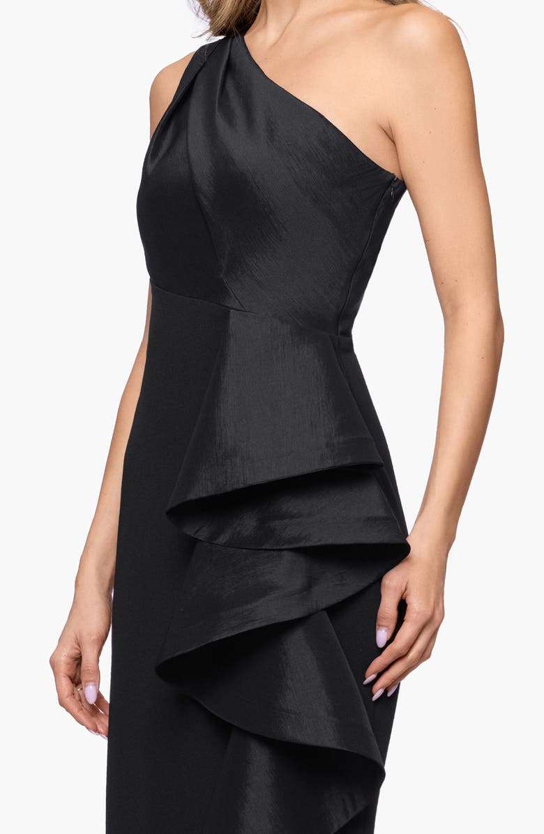 Betsy & Adam Mixed Media One-Shoulder Ruffle Gown, Alternate, color, Black