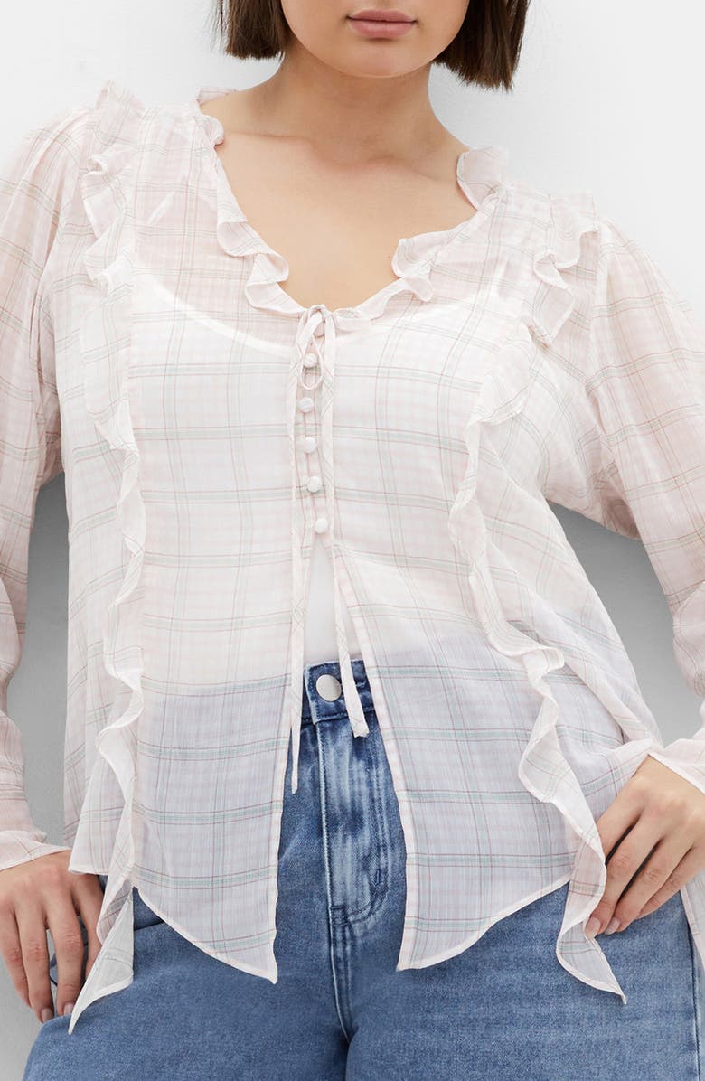 City Chic Sweet Nothings Ruffle Top, Main, color, Mini Check