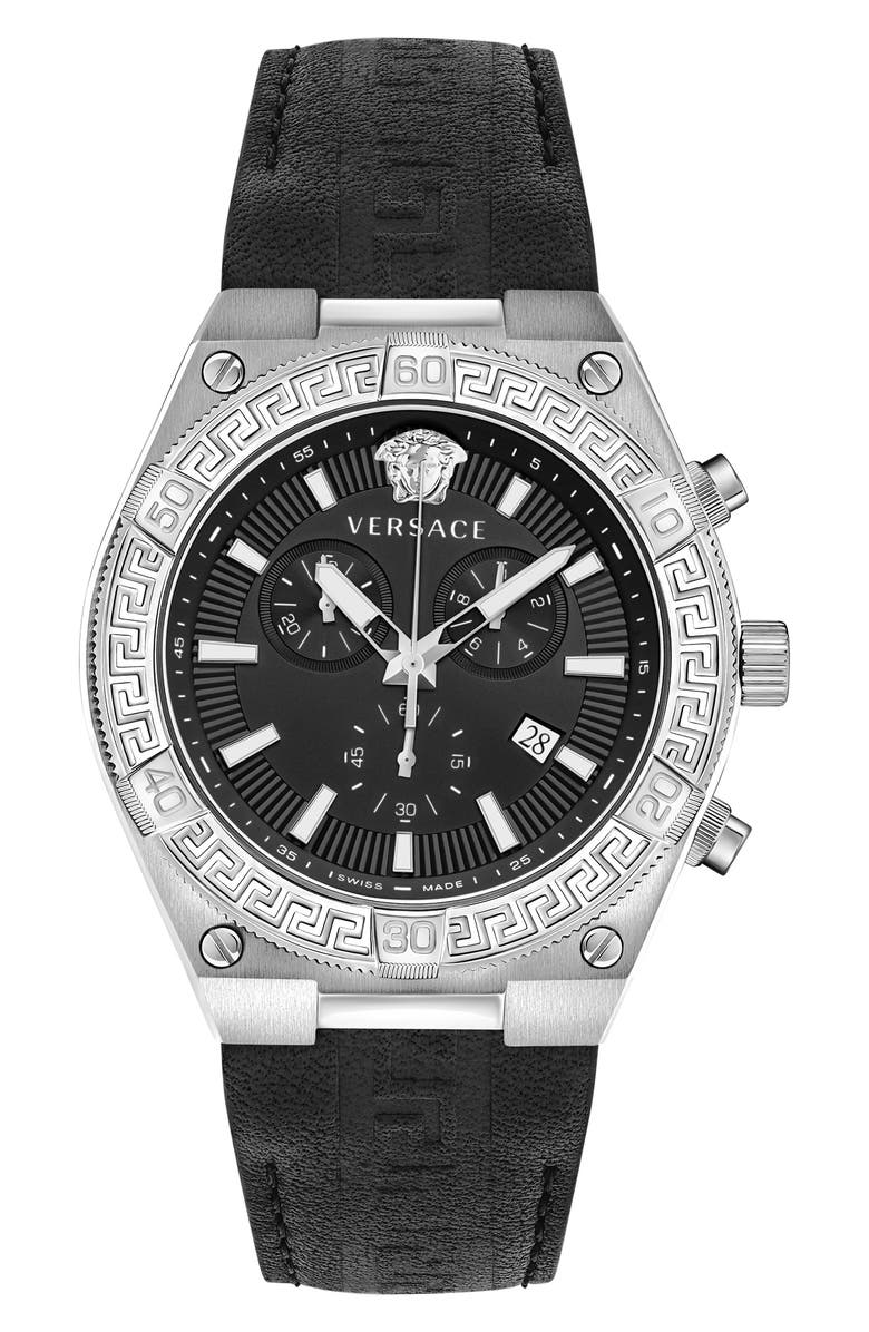 Versace V-Sporty Creca Leather Strap Watch, 46mm, Main, color, Stainless Steel