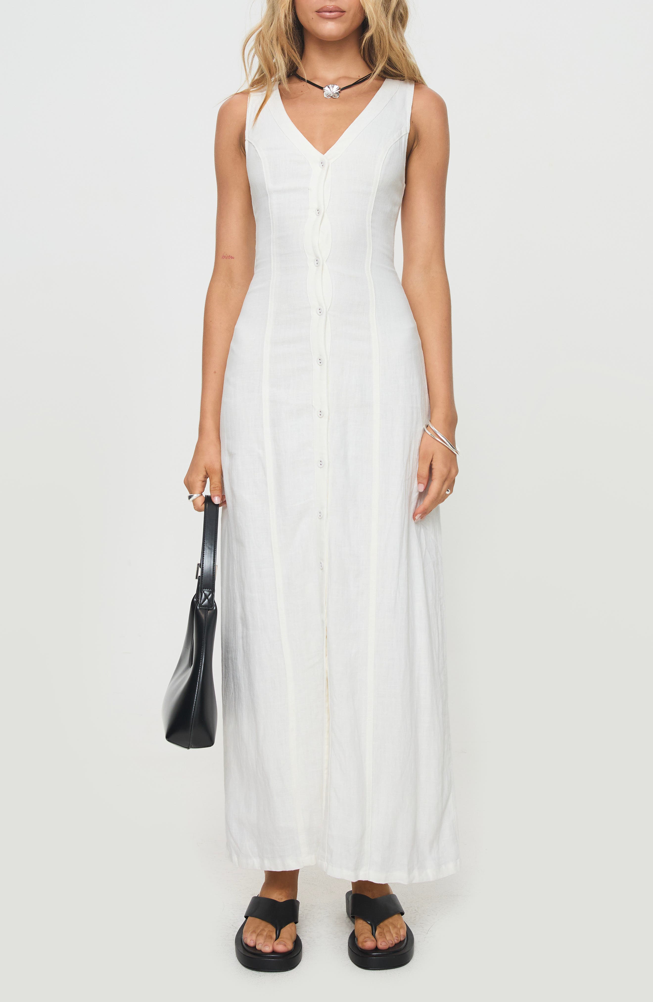 Button Front Linen Blend Maxi Dress