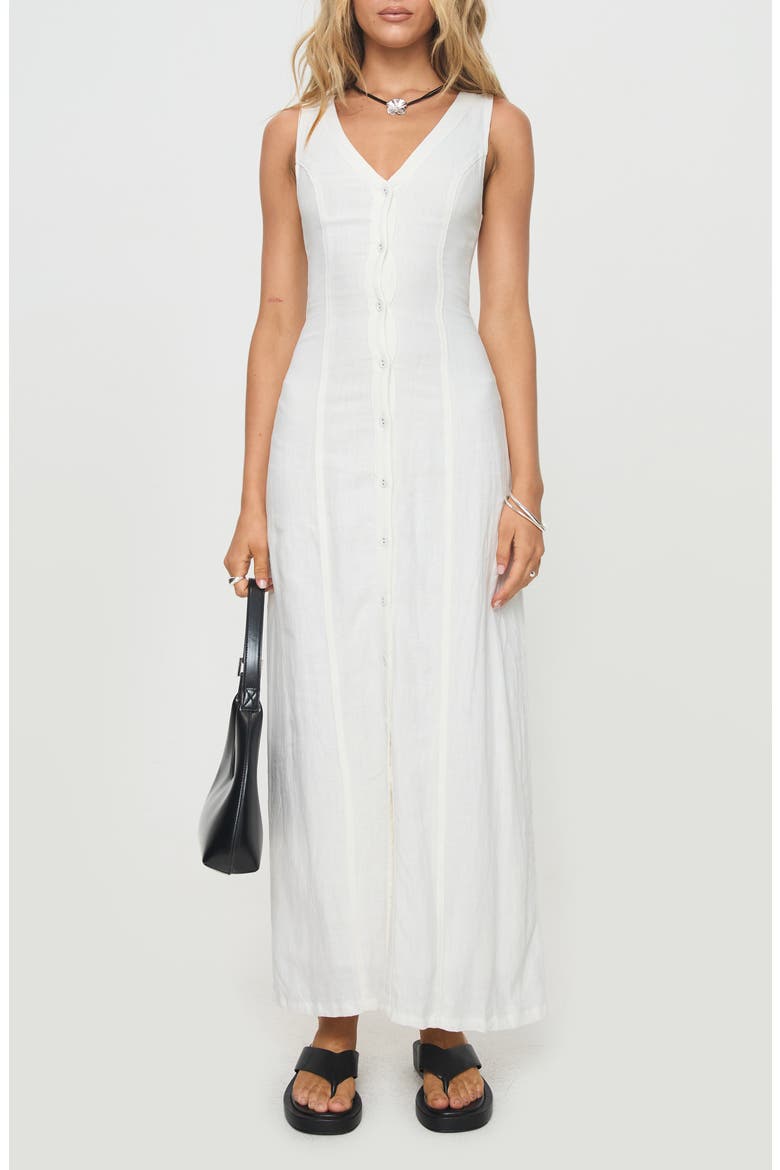 Button Front Linen Blend Maxi Dress, Main, color, WHITE