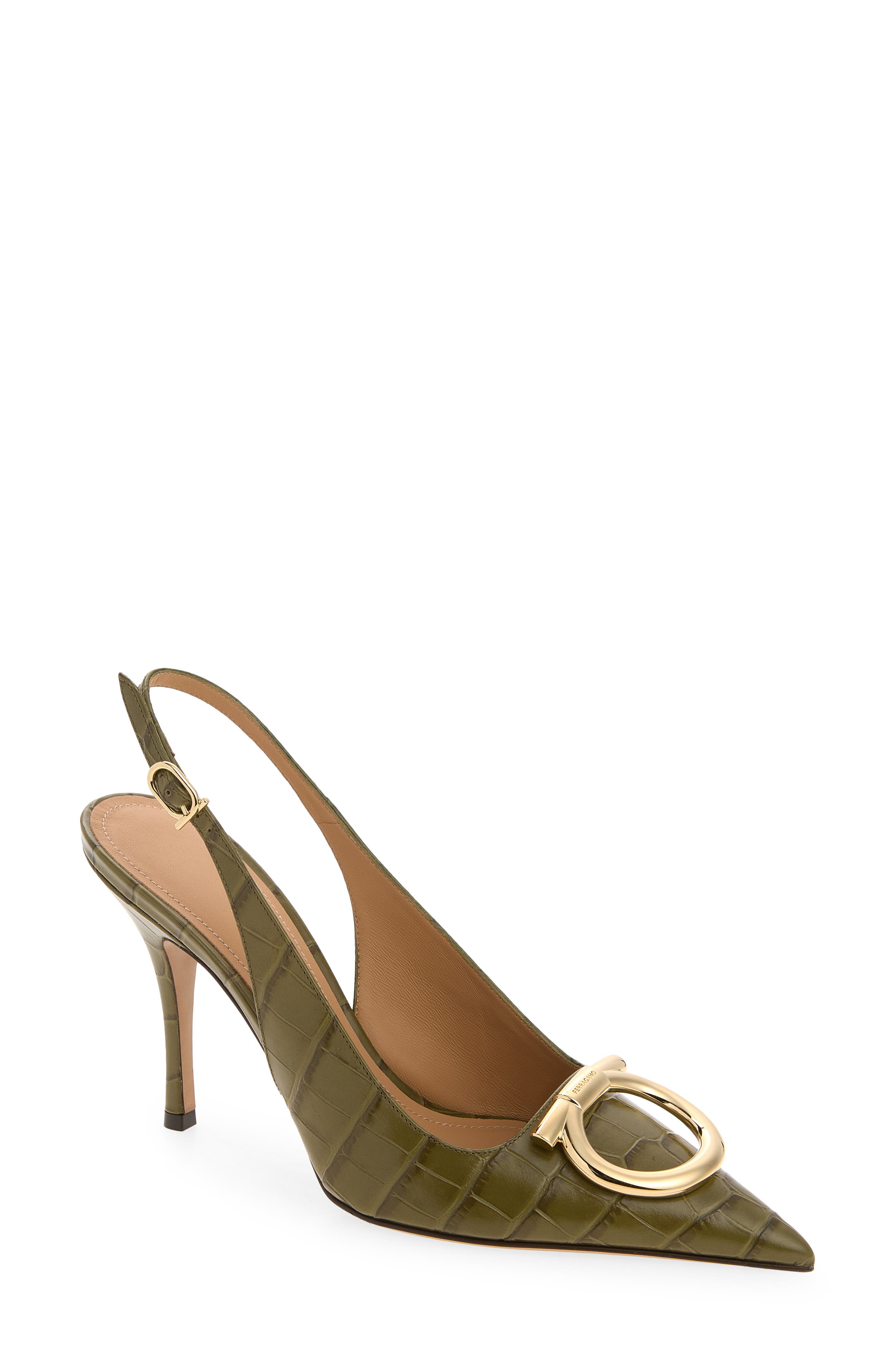 Sara Croc Embossed Pointed Toe Slingback Pump, Main, color, NEW OLIVE BISCOTTO