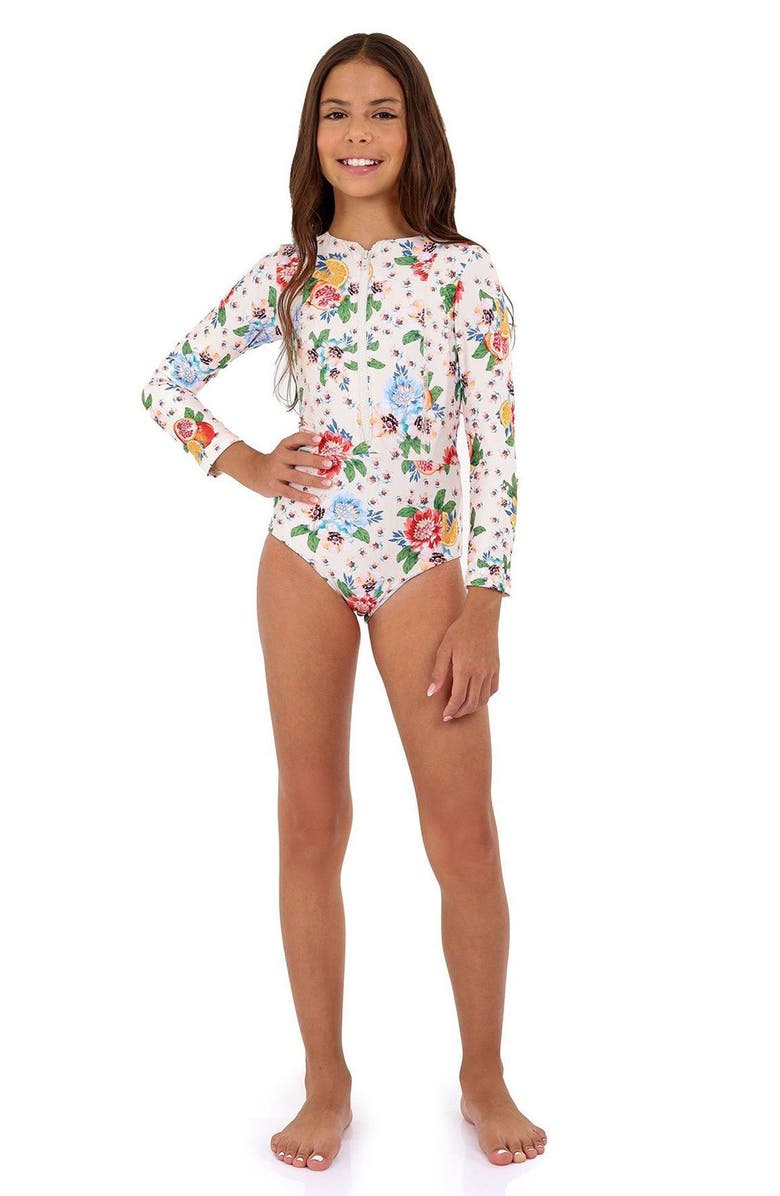 Agua Bendita Kids' Jesse Basket Long Sleeve One-Piece Rashguard Swimsuit, Alternate, color, White Multi