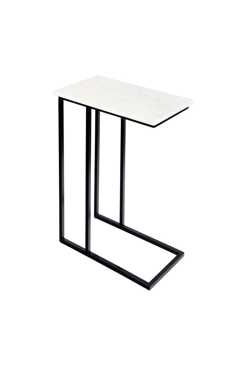 JONATHAN Y Caius 24.25" Designer Industrial Metal C-Shaped End Table and Side Couch Table with White Marble Top, Main, color, White/Black