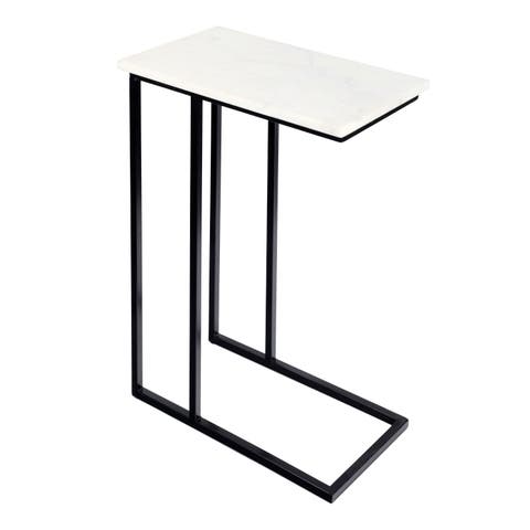Caius 24.25" Designer Industrial Metal C-Shaped End Table and Side Couch Table with White Marble Top