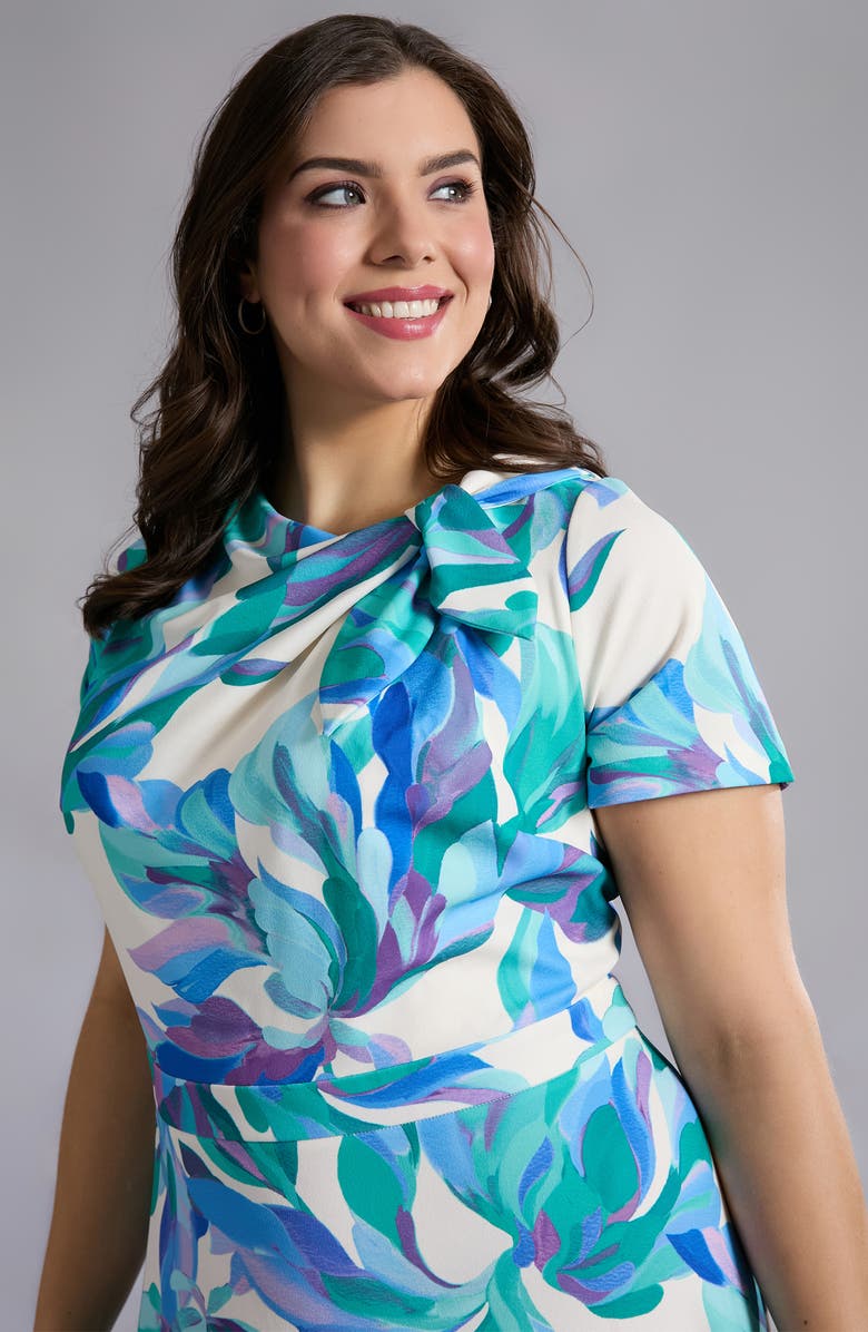 London Times Tie Neck Fit & Flare Midi Dress, Alternate, color, Ivory/ Blue