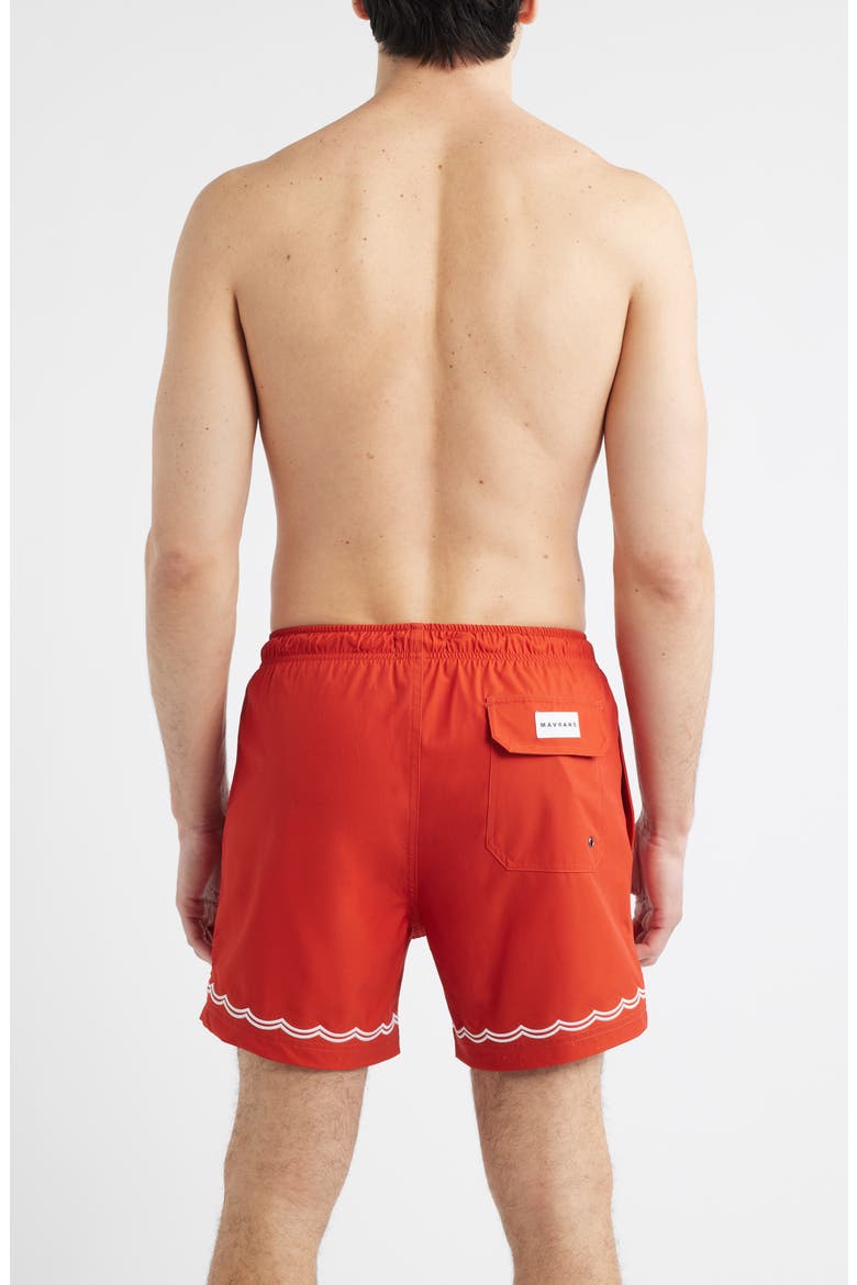 Rust Waves Embroidered Swim Trunks, Alternate, color, RED