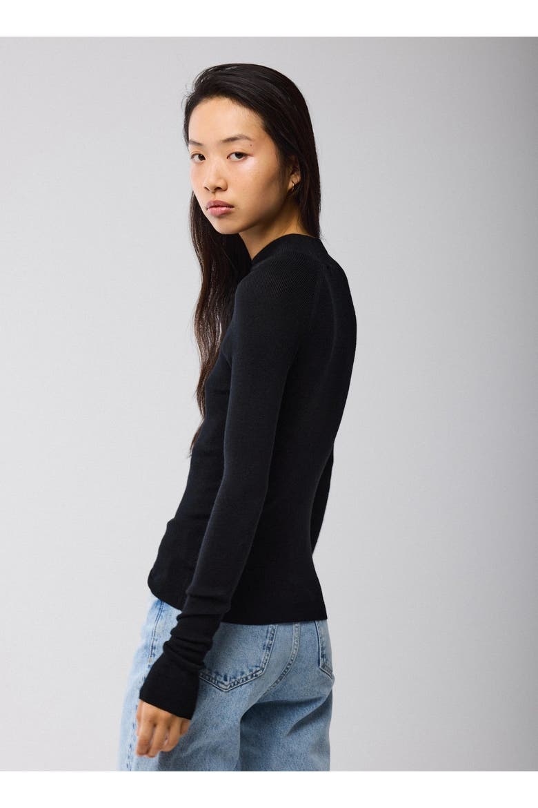 Merino Silk Micro Rib Long Sleeve Knit Mock Neck, Alternate, color, NOIR