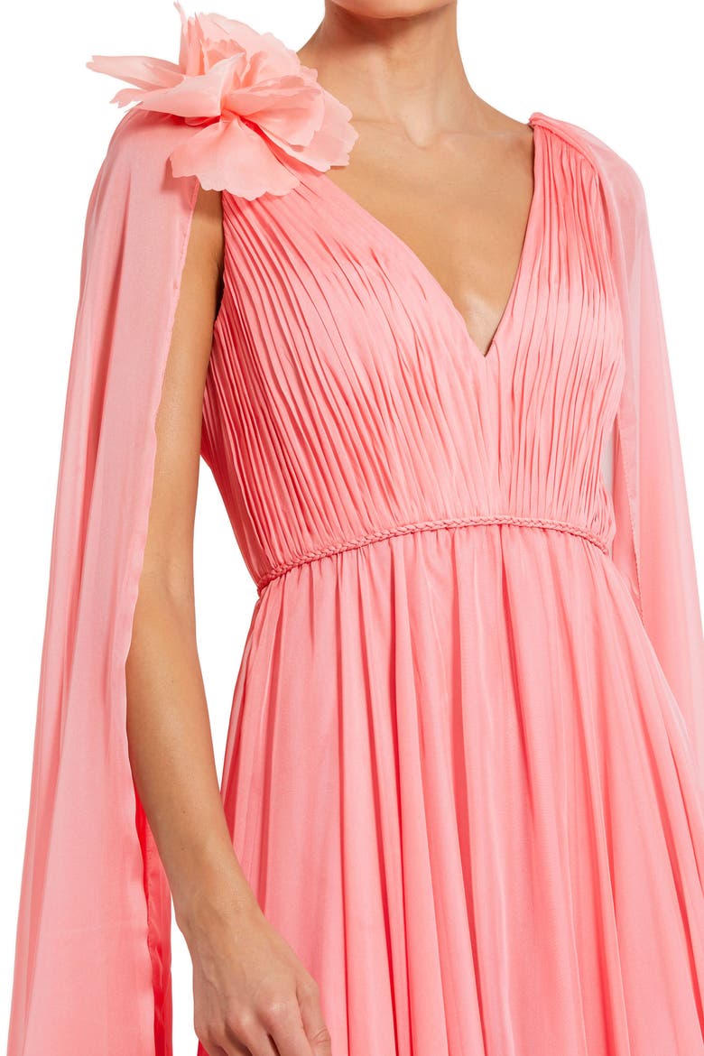 Chiffon V-Neck Cape Sleeve Gown with Floral Shoulder Detail, Alternate, color, Hibiscus