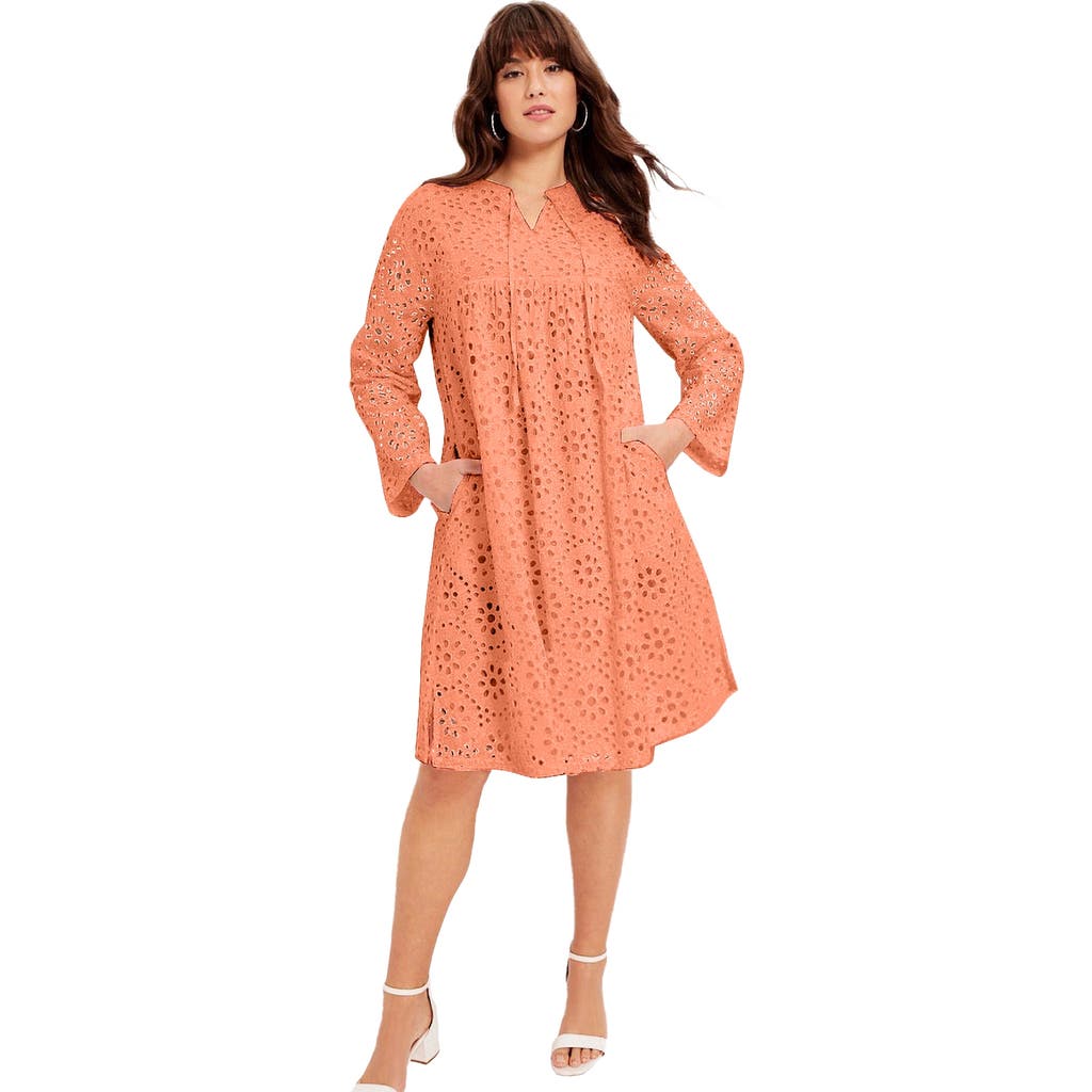June + Vie Eyelet Shirtdress In Orange