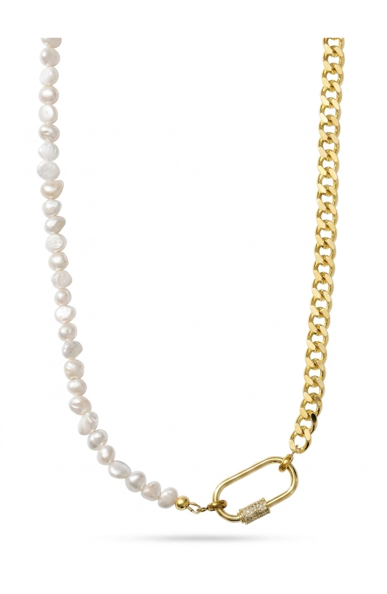 Joey Baby Freshwater Pearl Cuban Chain Carabiner Necklace, Main, color, Metallic Gold