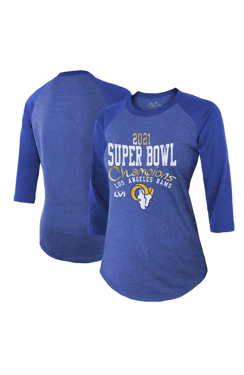 Majestic Threads Women's Majestic Threads Heathered Royal Los Angeles Rams Super Bowl LVI Champions Roaring Success Tri-Blend 3/4 Sleeve Raglan T-Shirt, Main, color, 