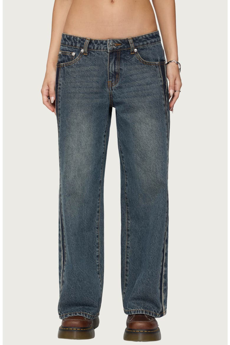 Contrast Panel Low Rise Wide Leg Jeans, Main, color, DARK-BLUE