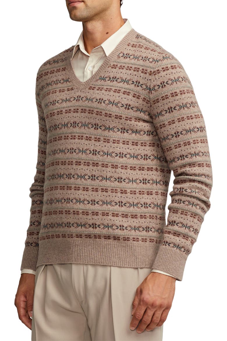 Fair Isle Cashmere V-Neck Sweater, Alternate, color, TAUPE MULTI