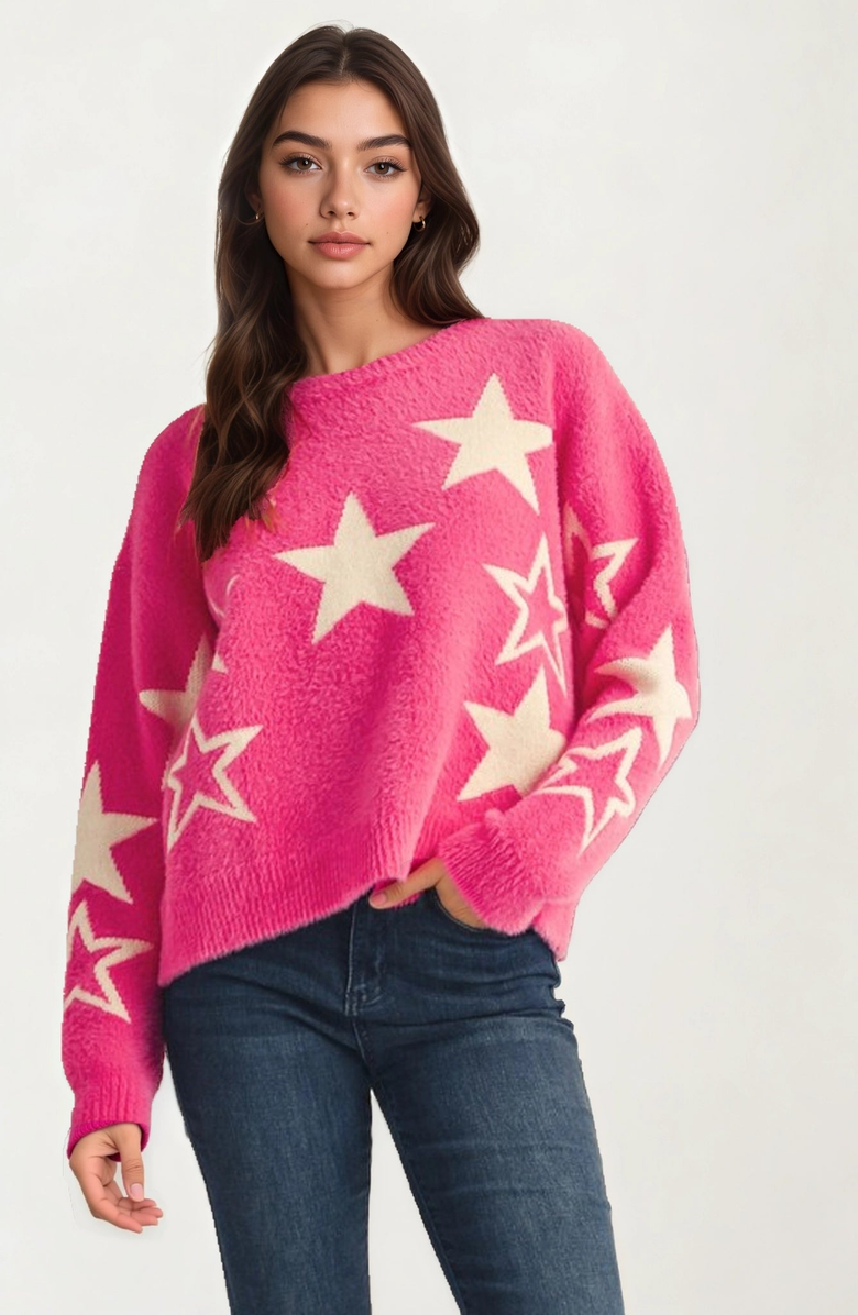 Knit and Lounge Cozy Star Pattern Soft Knit Sweater, Main, color, Pink / White Stars