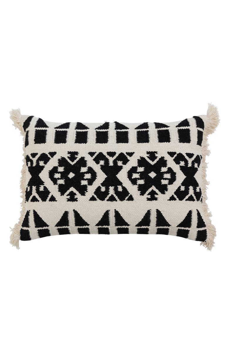 Storied Home Bloomingville Handwoven Cotton Kilim Lumbar Pillow Cover with Pattern and Fringe, Black and White, Main, color, Black