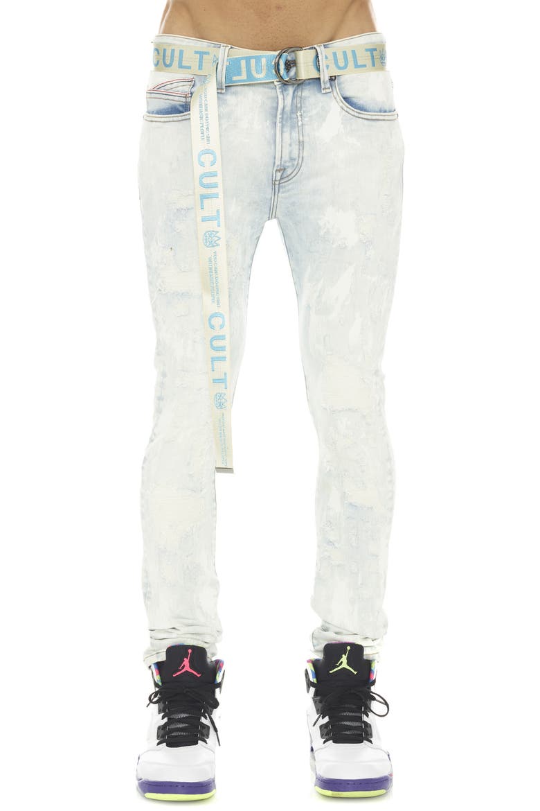 Punk Belted Distressed Super Skinny Jeans, Main, color, SKY