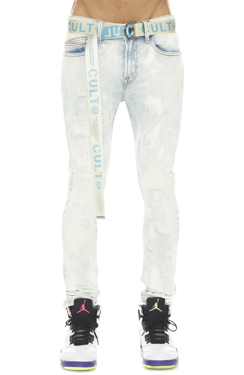 Cult of Individuality Punk Belted Distressed Super Skinny Jeans, Main, color, Sky
