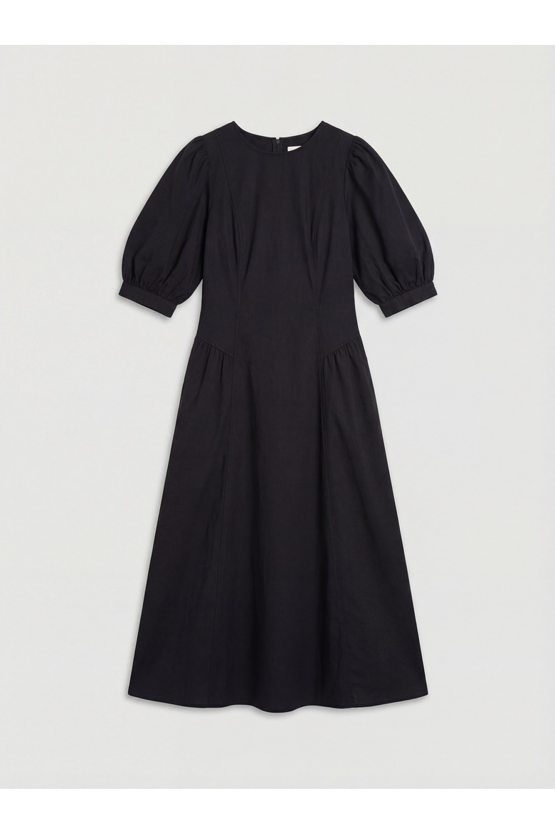 Seersucker Puff Sleeve Midi Dress, Alternate, color, Black
