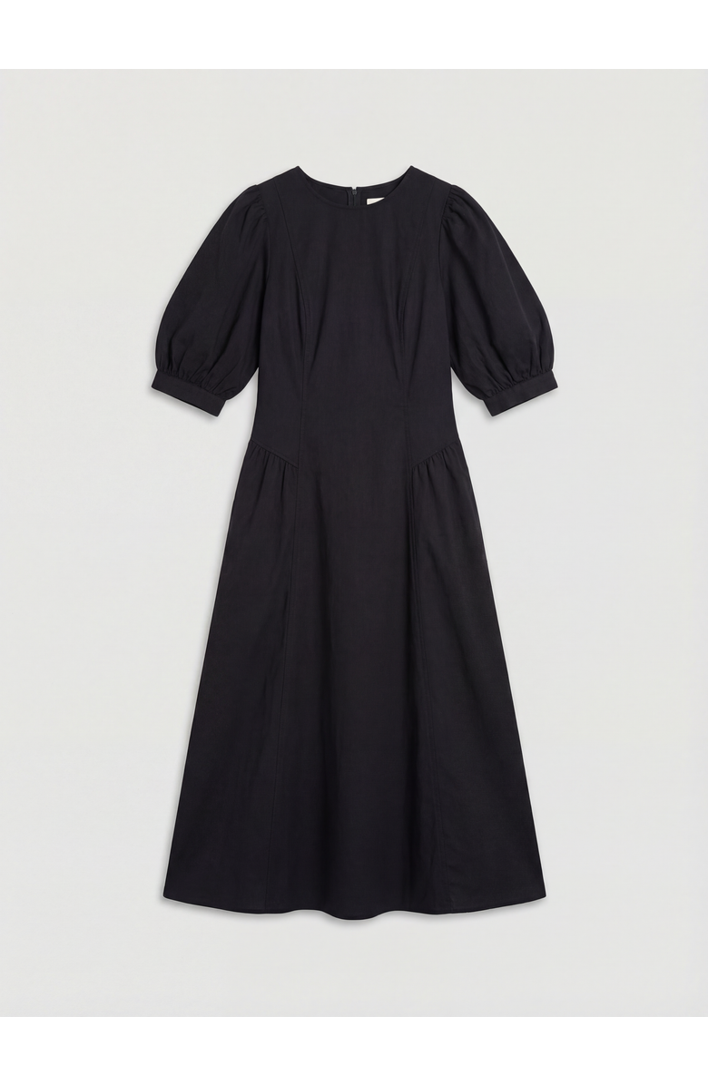 Warehouse Seersucker Puff Sleeve Midi Dress, Alternate, color, Black