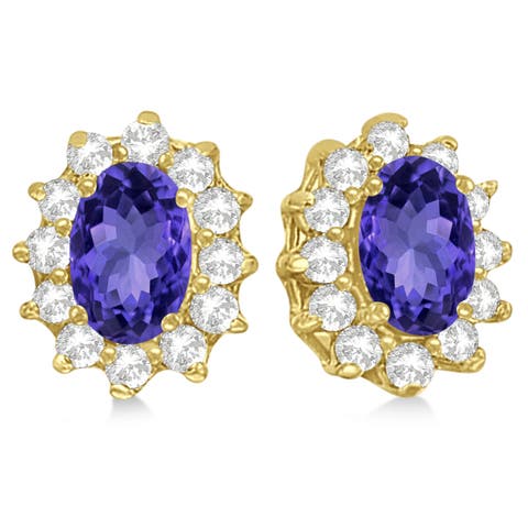 Oval Lab Tanzanite & Diamond Earrings 14k Yellow