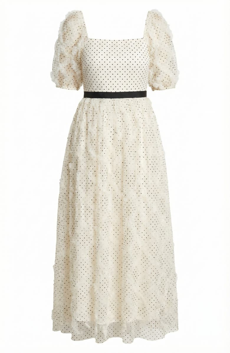 Modenaire Embroidered Puff Sleeve Square-Neck Midi Dress, Alternate, color,