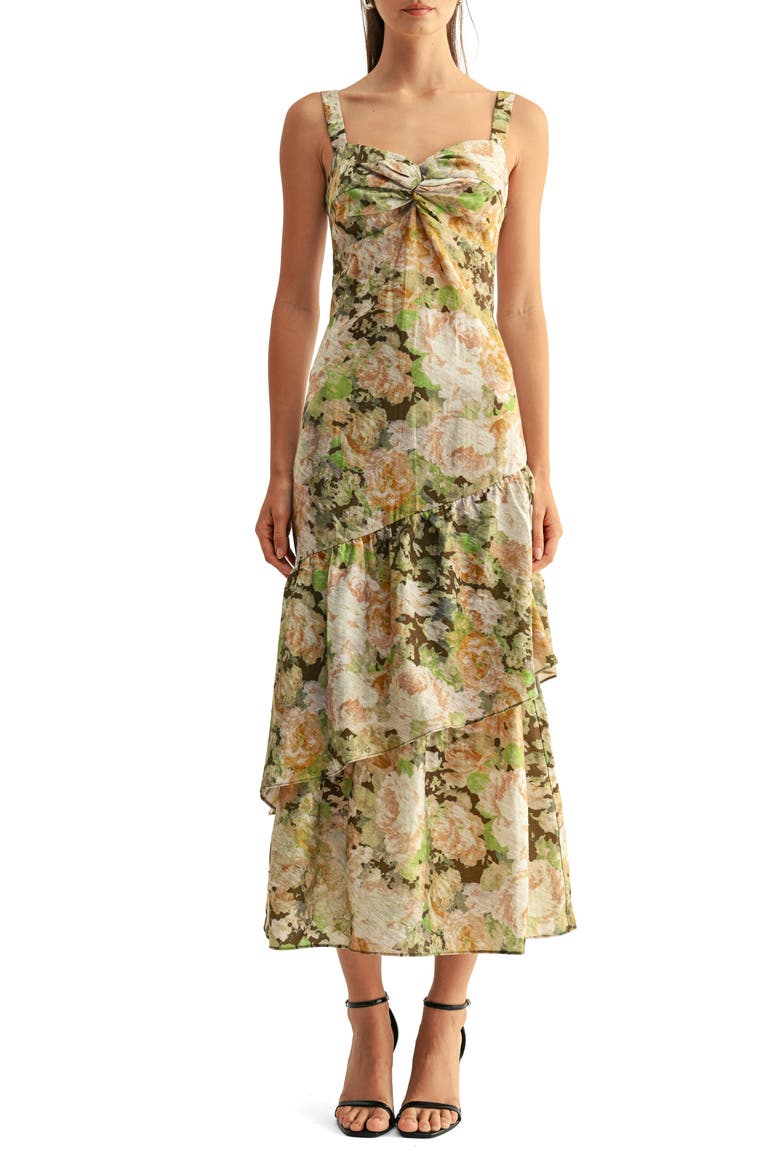 Kaya Ruffle Tiered Midi Sundress, Main, color, OLIVE MULTI