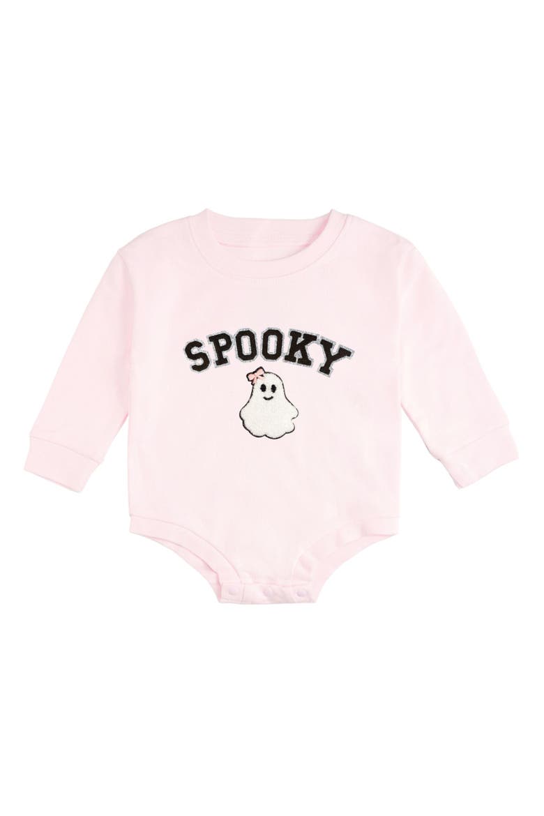 Spooky Patch Halloween Long Sleeve Romper, Main, color, Ballet Pink