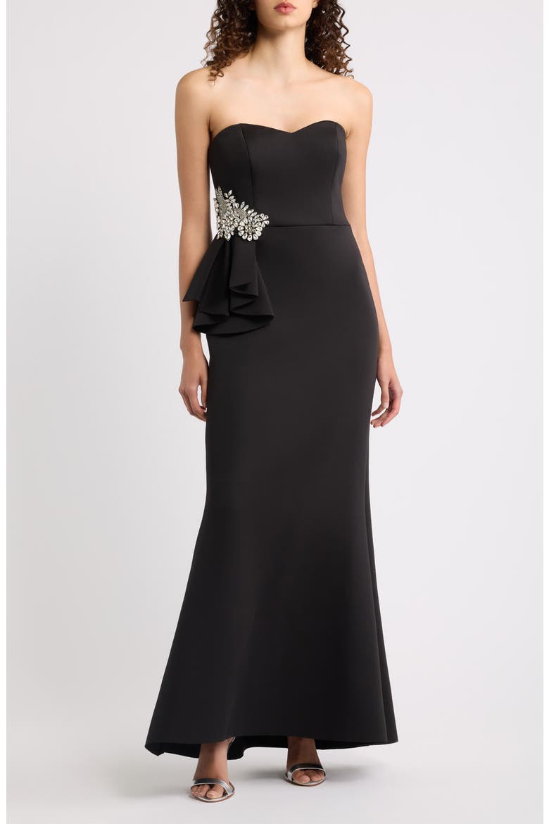 Rhinestone Ruffle Detail Sweetheart Strapless Gown, Main, color, BLACK