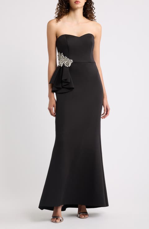 Rhinestone Ruffle Detail Sweetheart Strapless Gown