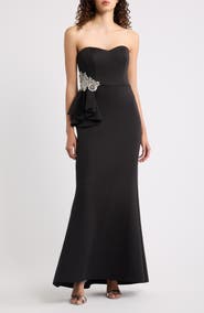 Eliza J Rhinestone Ruffle Detail Sweetheart Strapless Gown