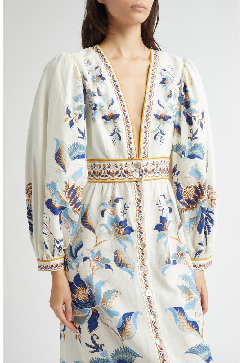 Mystic Blue Lotus Placed Print Long Sleeve Linen Blend Maxi Dress, Alternate, color, WHITE AND BLUE