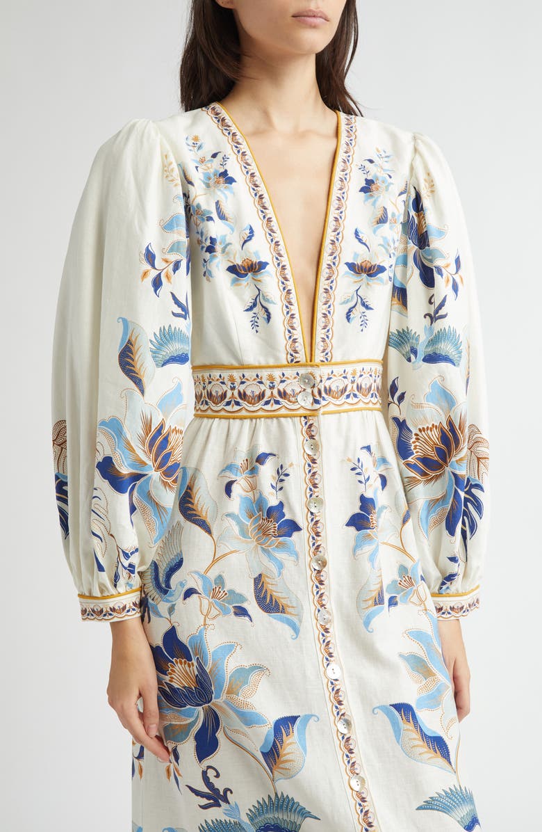 FARM Rio Mystic Blue Lotus Placed Print Long Sleeve Linen Blend Maxi Dress, Alternate, color, White And Blue