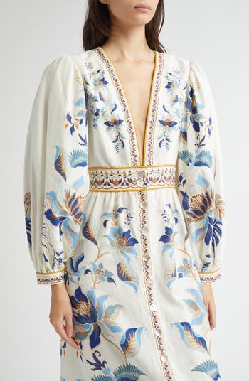 Mystic Blue Lotus Placed Print Long Sleeve Linen Blend Maxi Dress