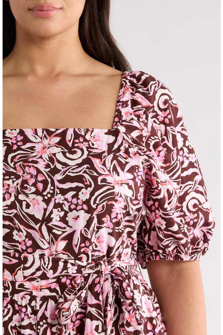 Puff Sleeve Linen Blend Midi Dress, Alternate, color, BROWN CHOCOLATE DAISY GARDEN